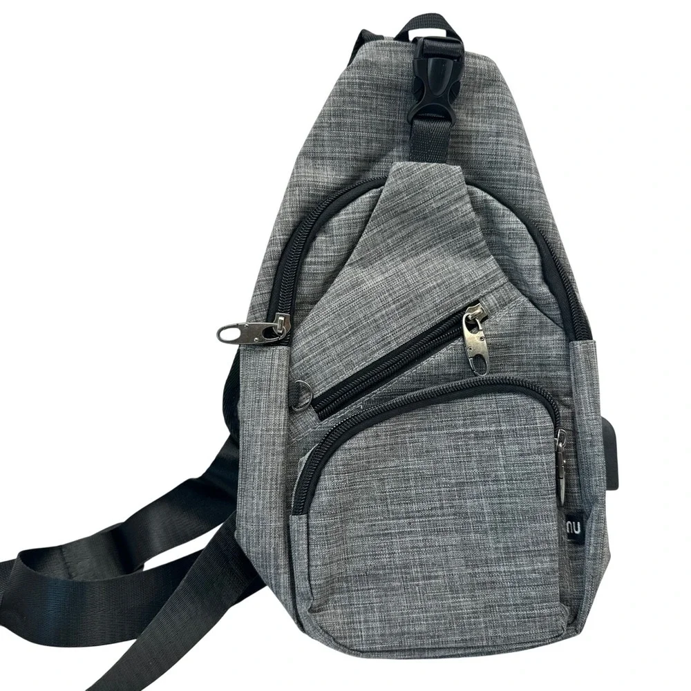 NuPouch Gray Crossbody Sling Bag with USB Charging Port Travel Tech Backpack